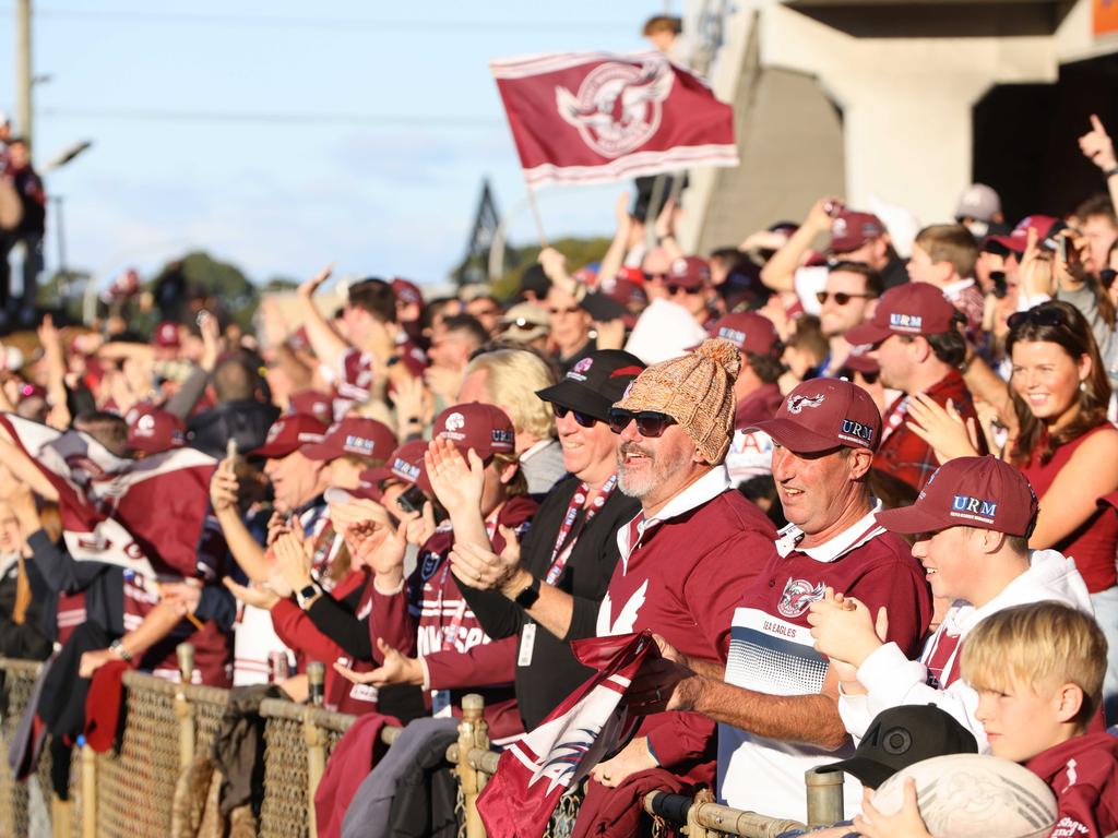 JUNE 16, 2024: Manly fans celebrate after Manly score a try in the second half of the Manly v Dragons game, Brookvale Oval. Brookvale. Picture: Damian Shaw