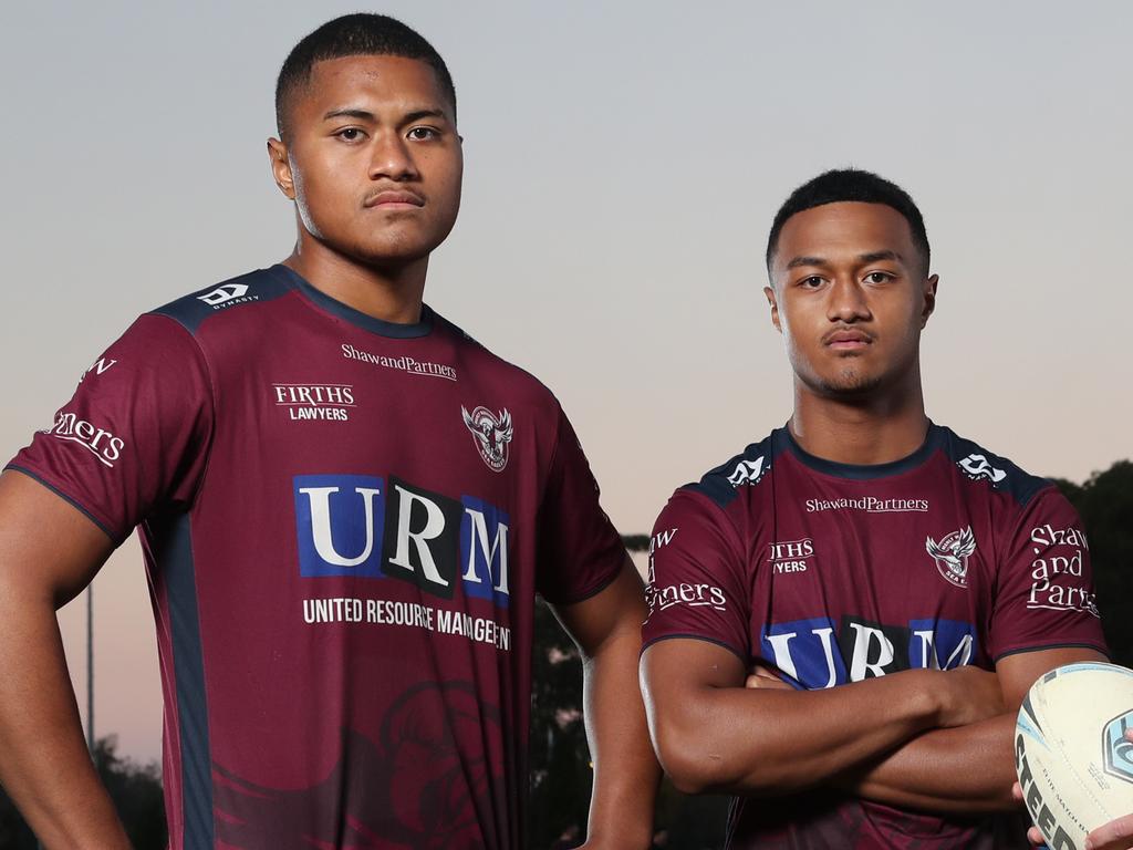 Samuela Fainu (right) and Latu (left) during their time at the Manly Sea Eagles. Picture: Richard Dobson