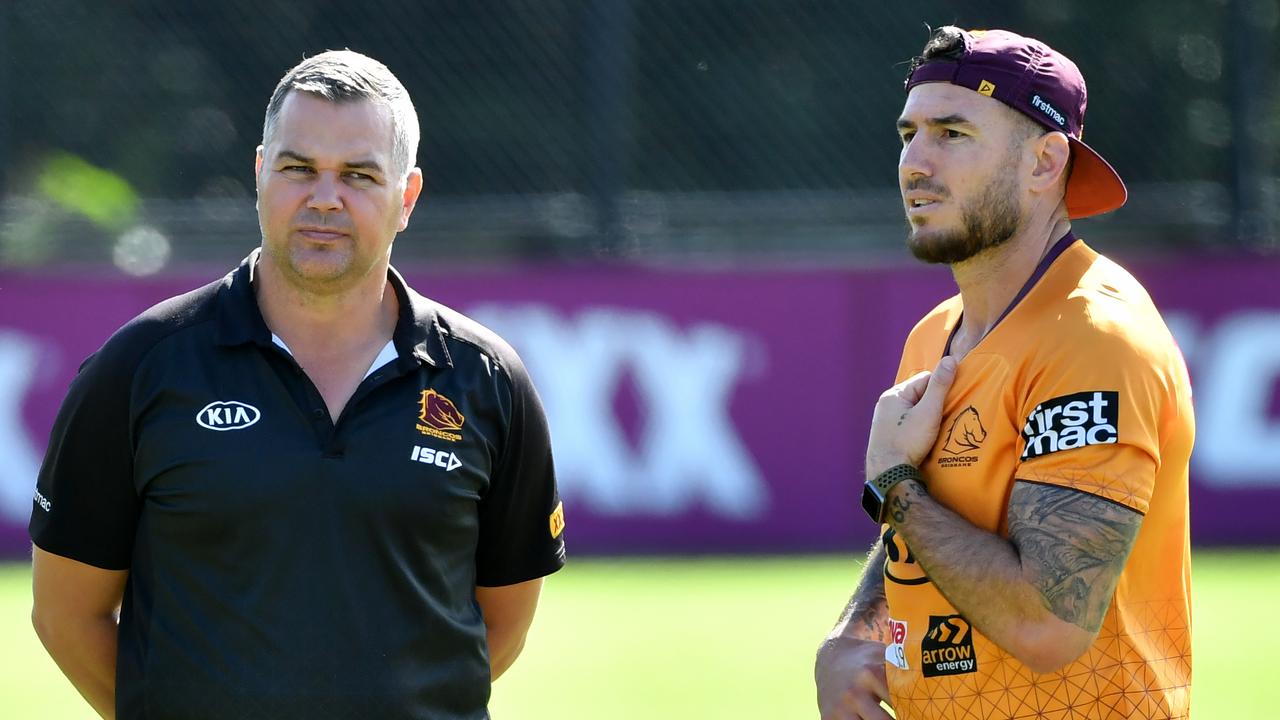 Broncos coach Anthony Seibold and Darius Boyd.