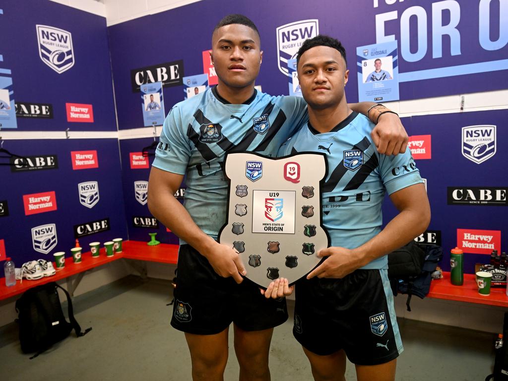 Samuela (right) and Latu Fainu (left) celebrate after winning the 2019 U19s State of Origin clash for NSW. Picture: NRL Imagery