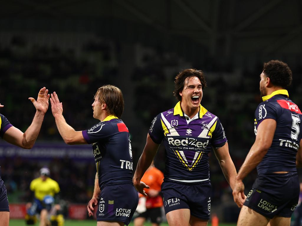 Storm celebrate after one of Xavier Coates’ three tries. Picture: Getty Images